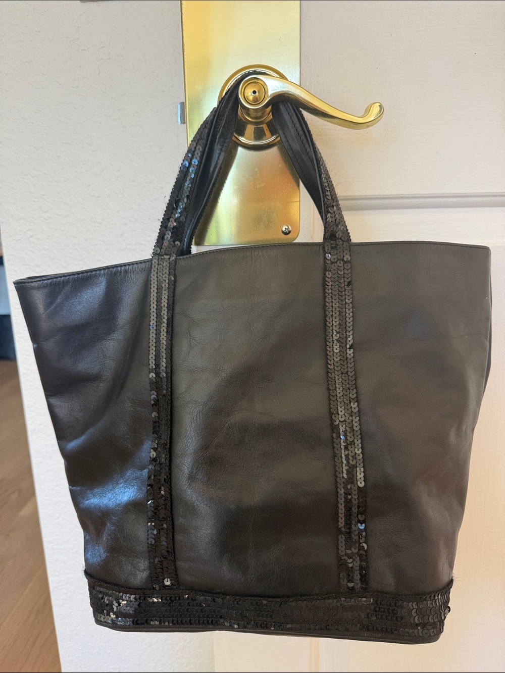 Vanessa Bruno Black Sequin-Trim Leather Tote
